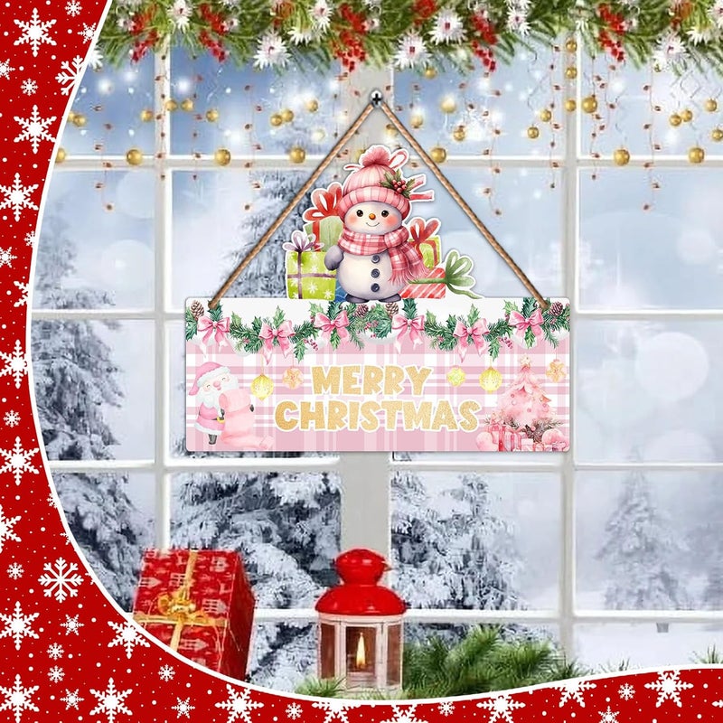 Hatzelou 1PCS Merry Christmas Wall Hanging Sign, Pink Wooden Sign for Front, Chrismas Theme Welcome with Snowman, Perfect for Winter Farmhouse Garden Porch Wall Decor (Christmas Door Sign) - Image 4